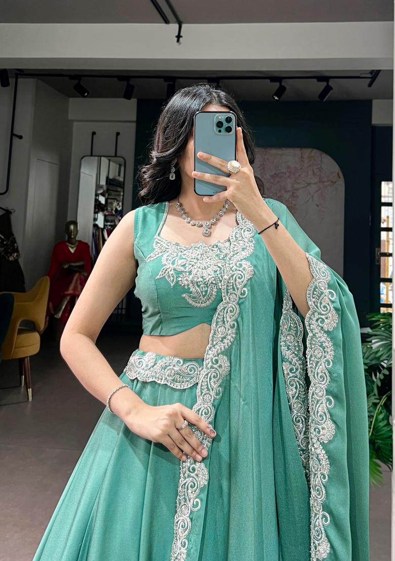 Sky Blue Embroidered Silk Lehenga Set - Indya