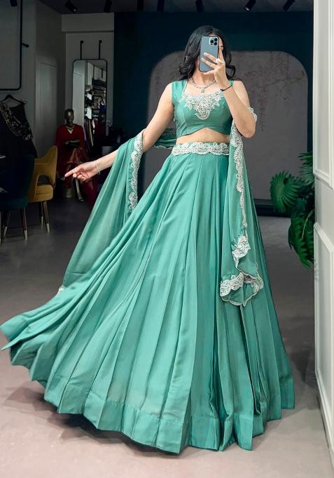Sky Blue Embroidered Silk Lehenga Set