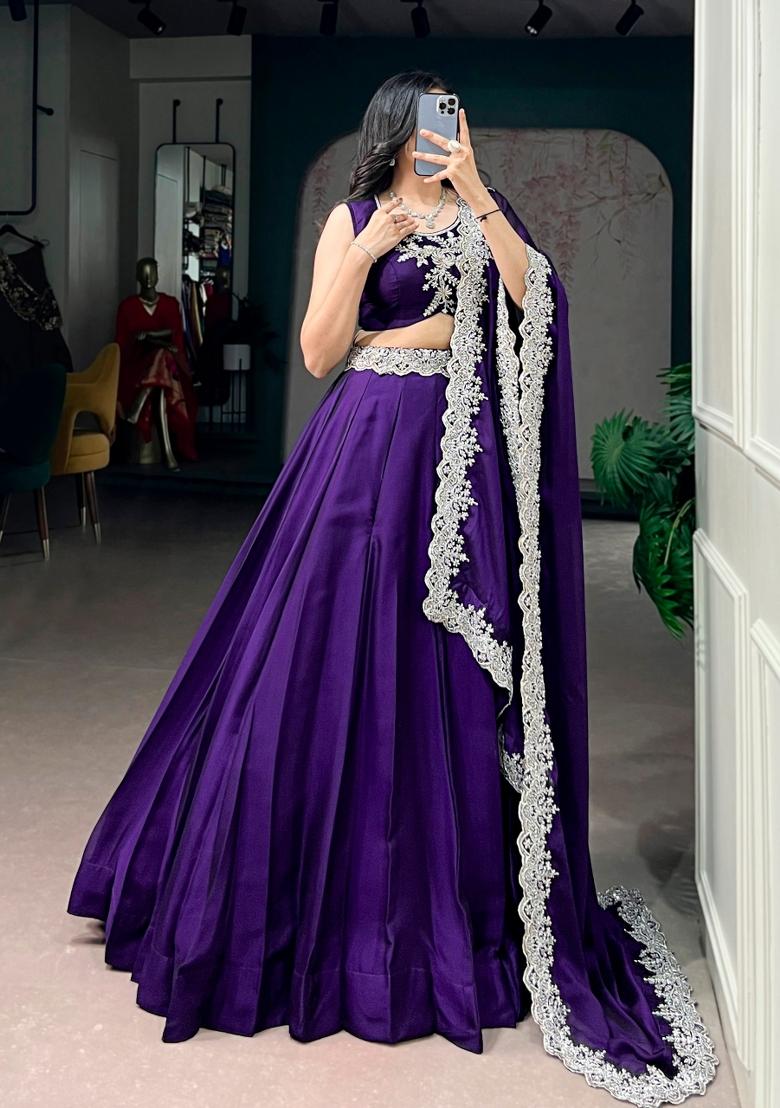Purple Embroidered Silk Lehenga Set - Indya