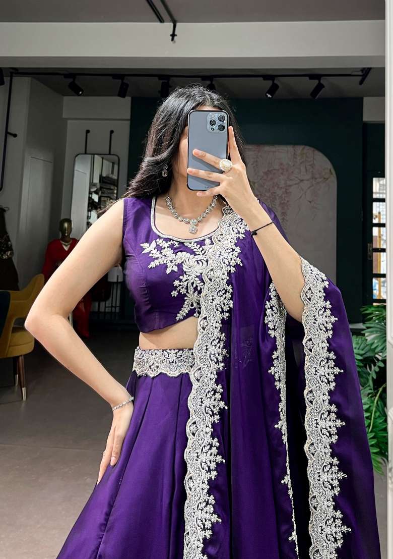 Purple Embroidered Silk Lehenga Set for Diwali and Festive Wear - Indya