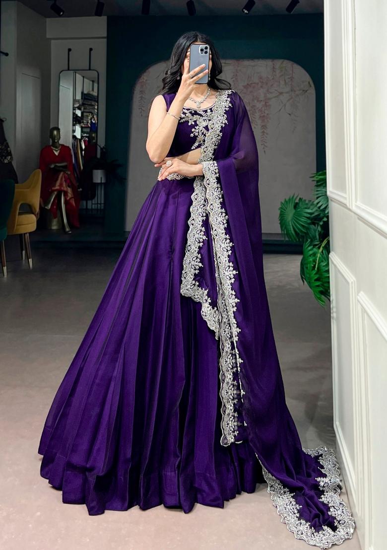 Purple Embroidered Silk Lehenga Set - Indya