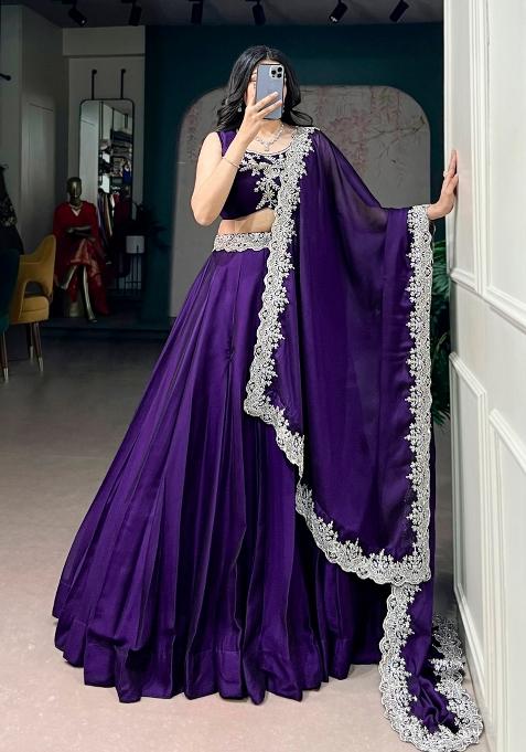 Purple Embroidered Silk Lehenga Set