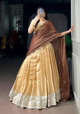 Cream Zari Weaving Kanchipuram Lehenga Set