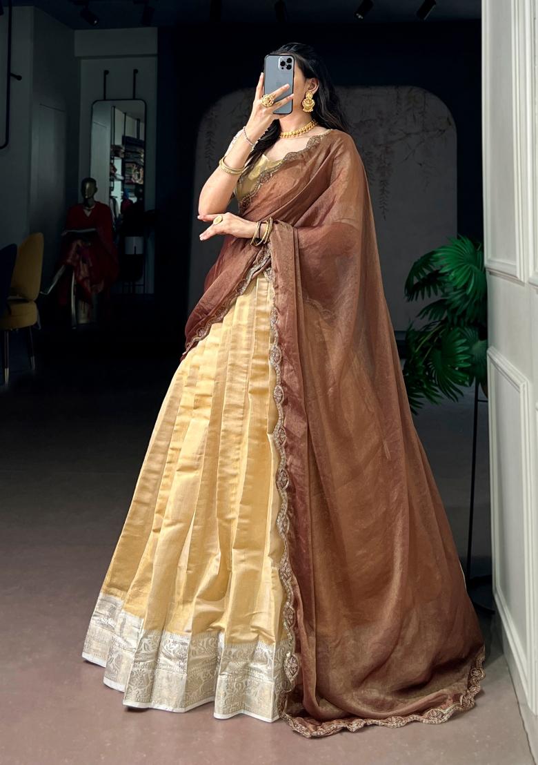Cream Zari Weaving Kanchipuram Lehenga Set - Indya