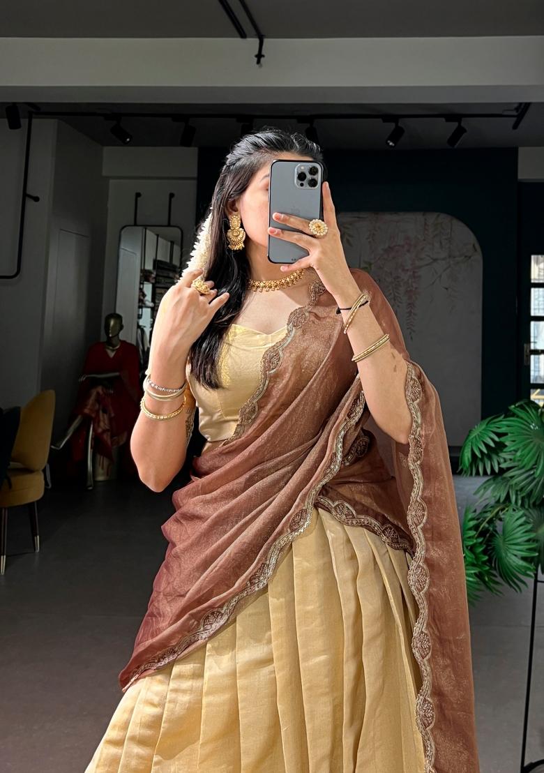Cream Zari Weaving Kanchipuram Lehenga Set - Indya