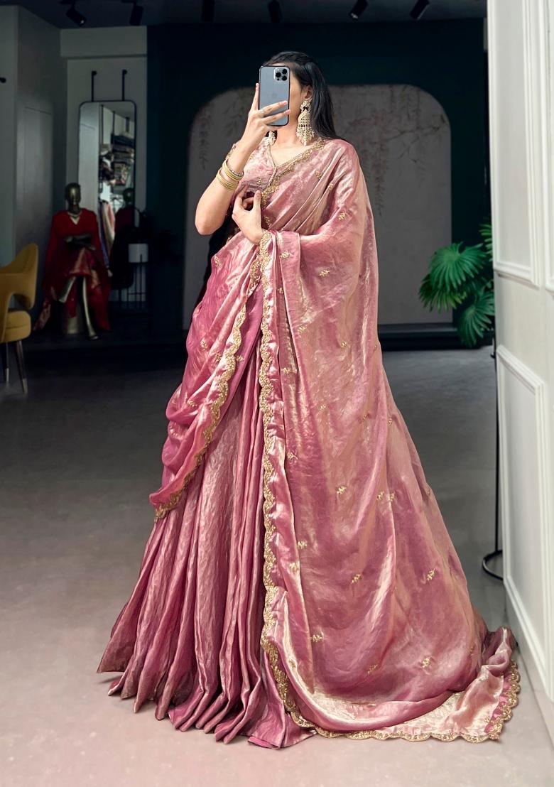 Light Pink Embroidered Silk Lehenga Set - Indya