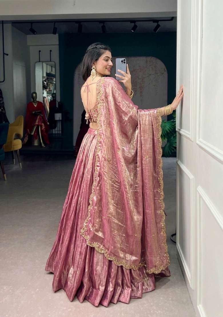 Light Pink Embroidered Silk Lehenga Set - Indya