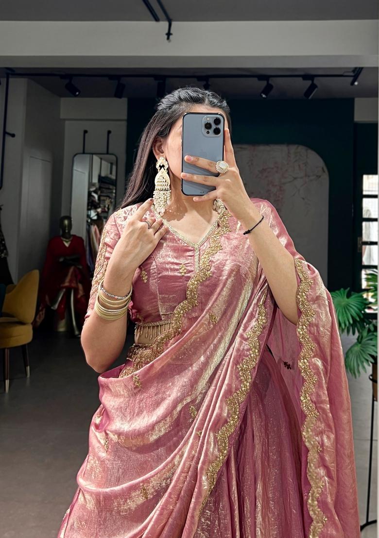 Light Pink Embroidered Silk Lehenga Set - Indya