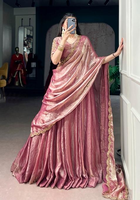 Light Pink Embroidered Silk Lehenga Set