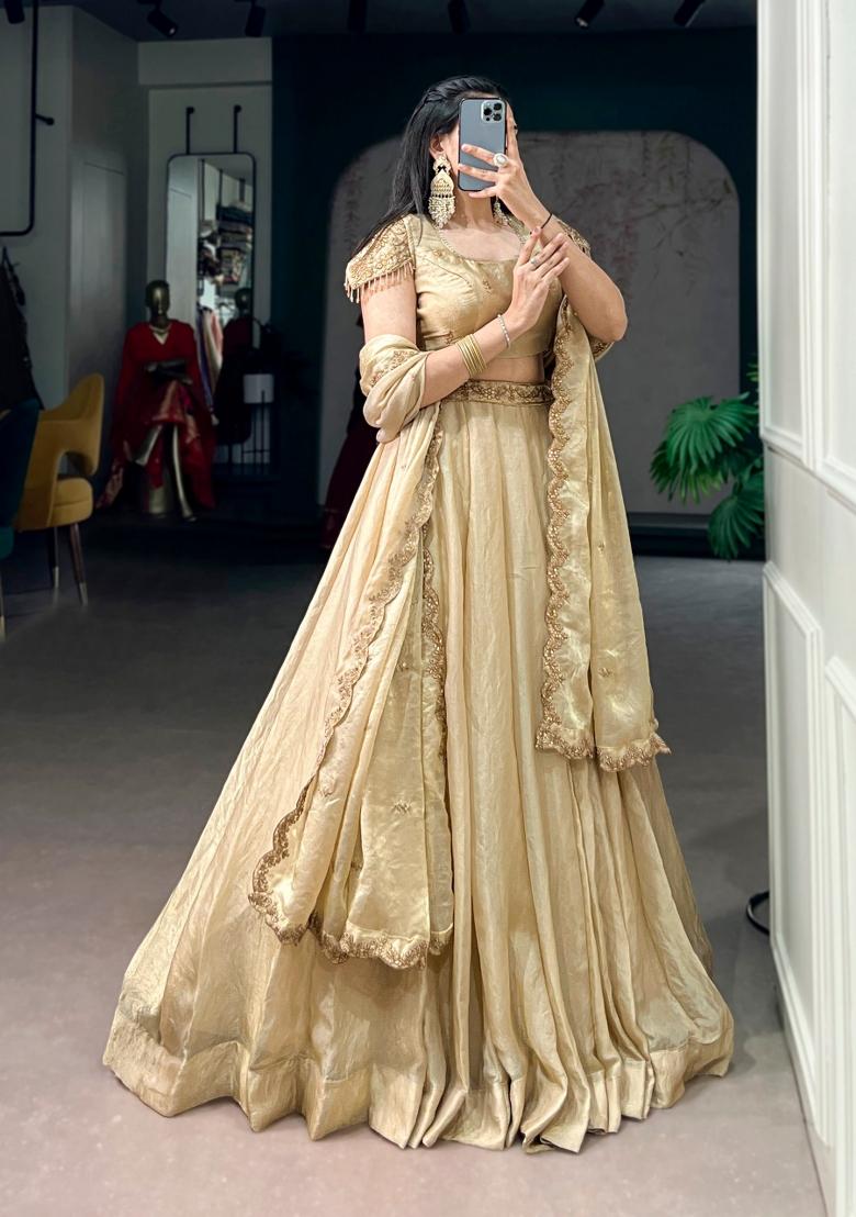 Cream Embroidered Silk Lehenga Set - Indya