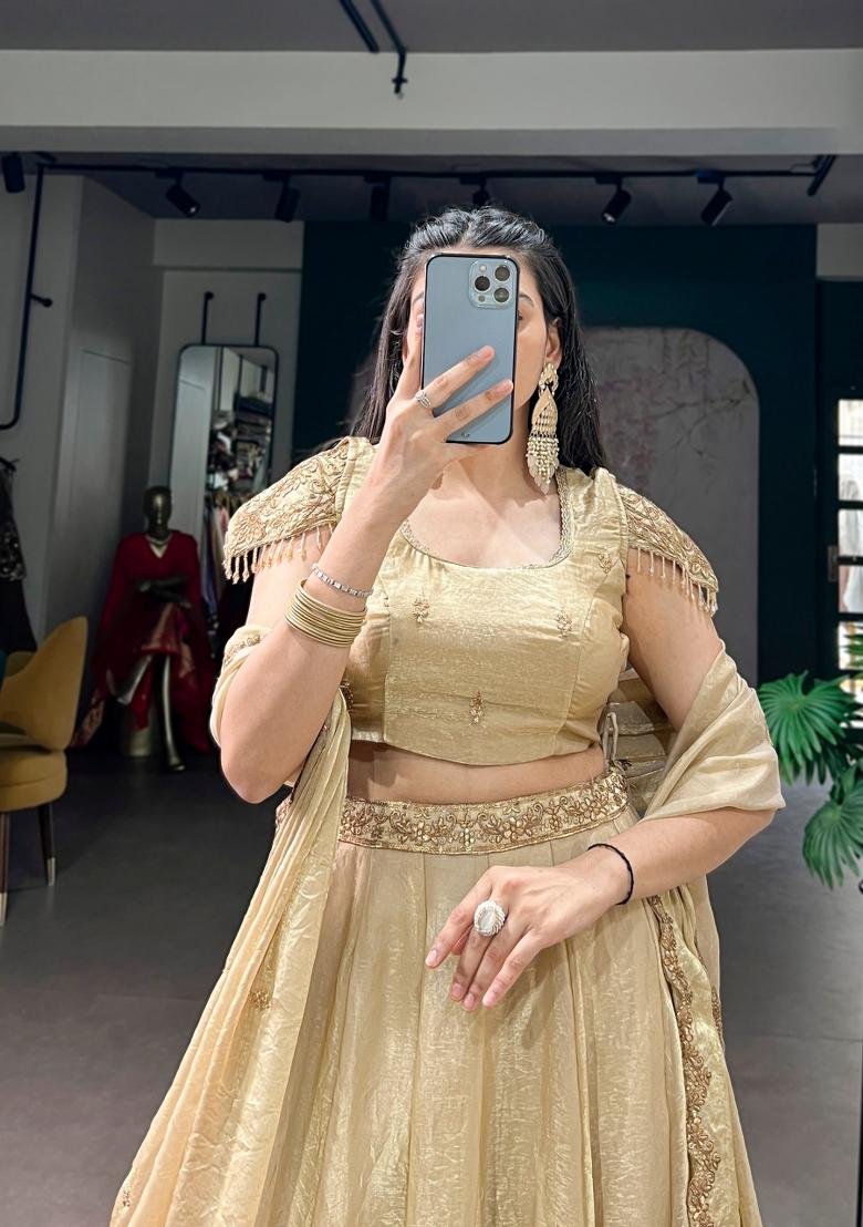 Cream Embroidered Silk Lehenga Set - Indya