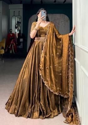 Brown Embroidered Silk Lehenga Set