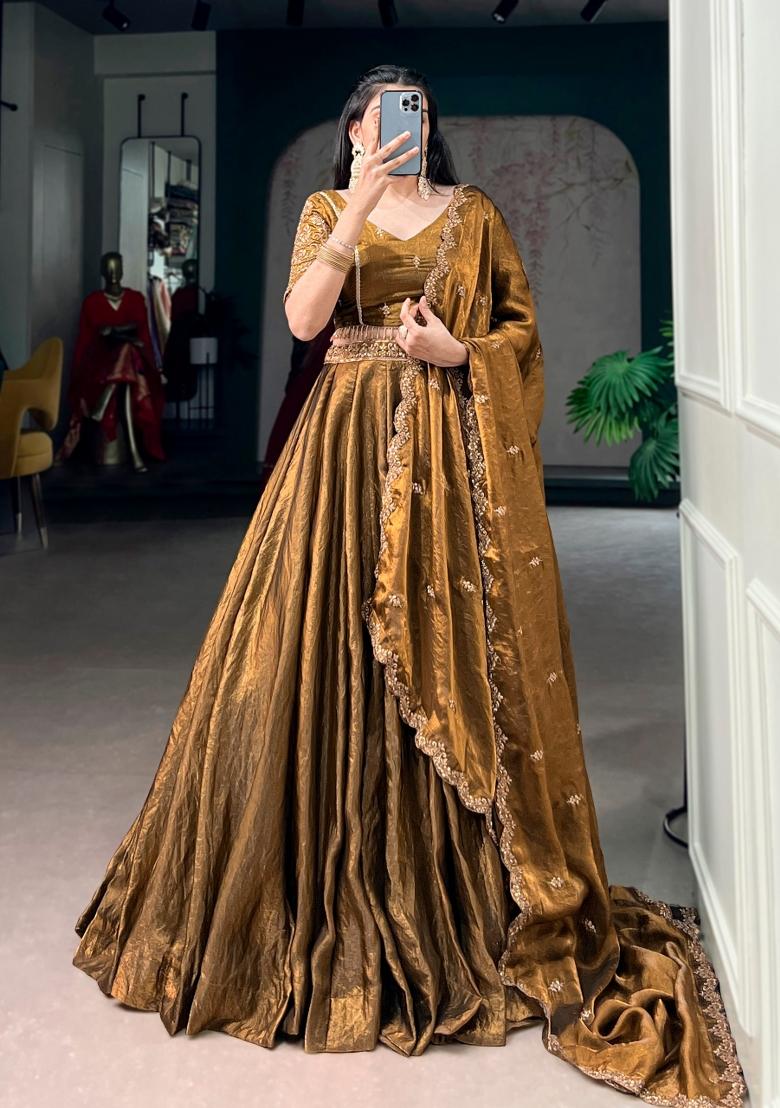 Brown Embroidered Silk Lehenga Set - Indya