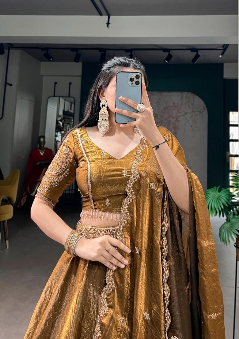 Brown Embroidered Silk Lehenga Set - Indya
