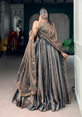 Teal Embroidered Silk Lehenga Set