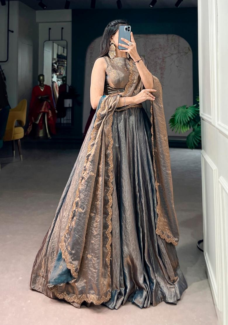 Teal Embroidered Silk Lehenga Set - Indya