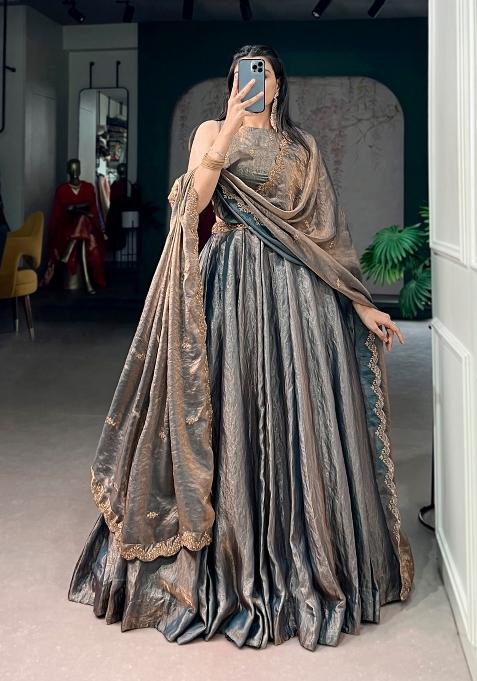 Teal Embroidered Silk Lehenga Set