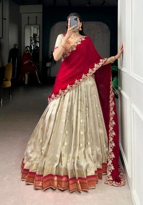 Off White Zari Weaving Slub Kota Lehenga Set