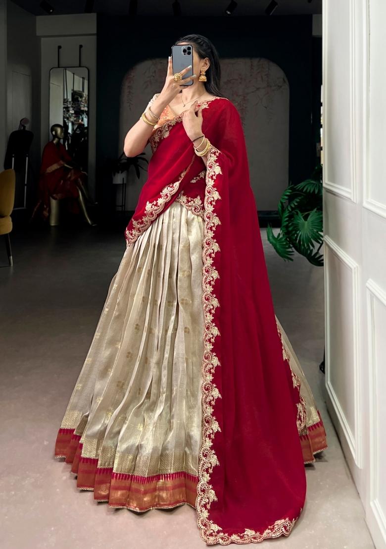 Off White Zari Weaving Slub Kota Lehenga Set - Indya