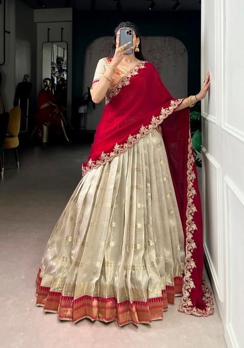 Off White Zari Weaving Slub Kota Lehenga Set