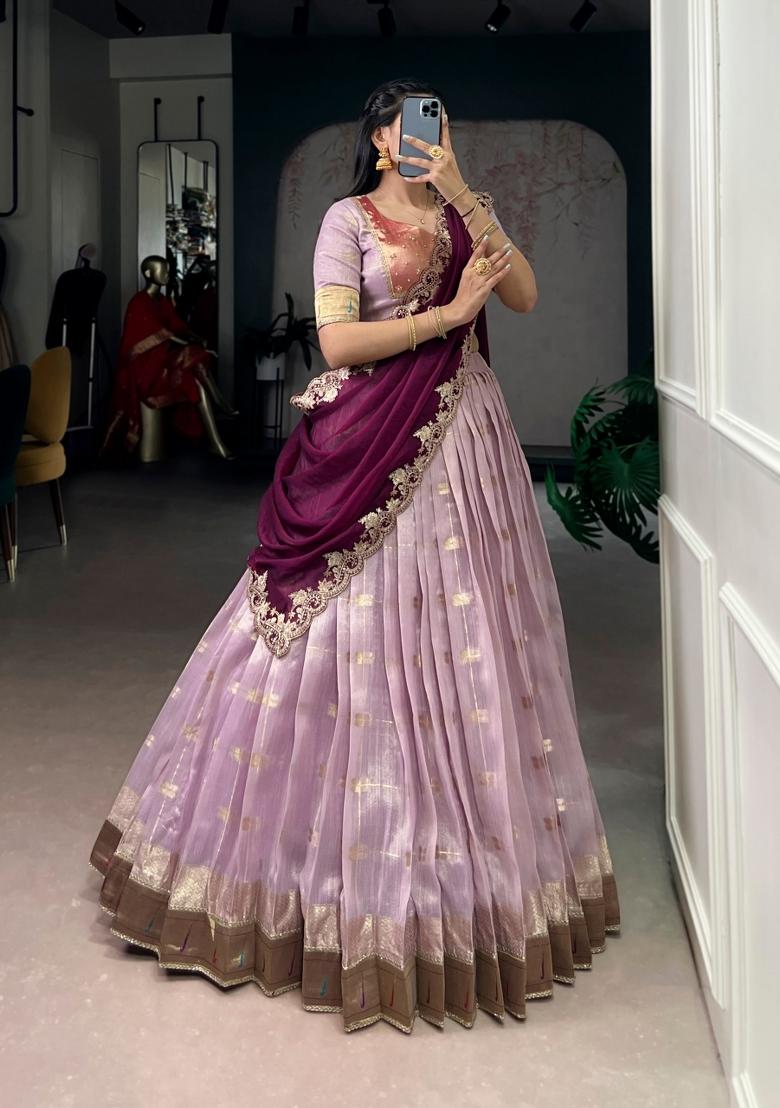 Light Pink Zari Weaving Slub Kota Lehenga Set - Indya