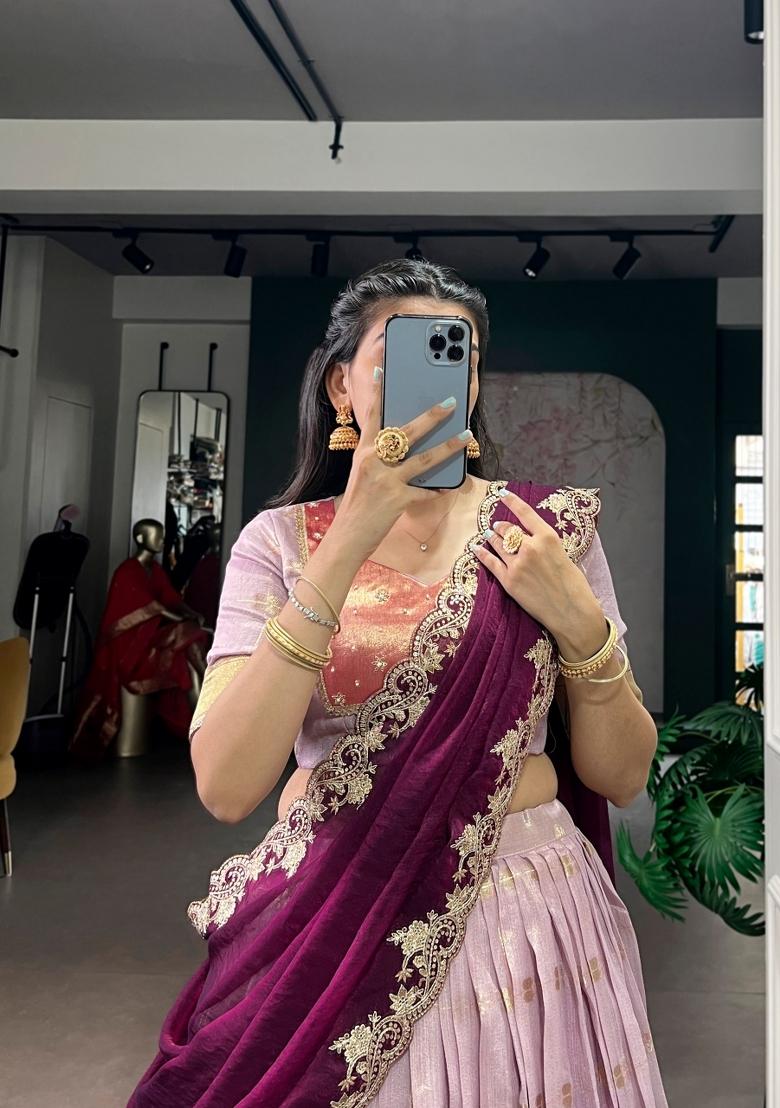 Light Pink Zari Weaving Slub Kota Lehenga Set - Indya