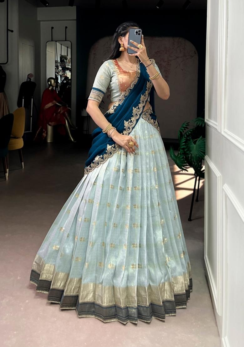 Sky Blue Zari Weaving Slub Kota Lehenga Set - Indya