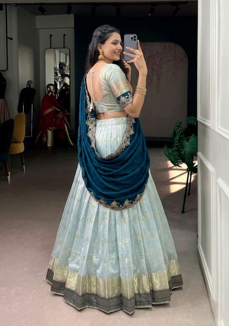 Sky Blue Zari Weaving Slub Kota Lehenga Set - Indya