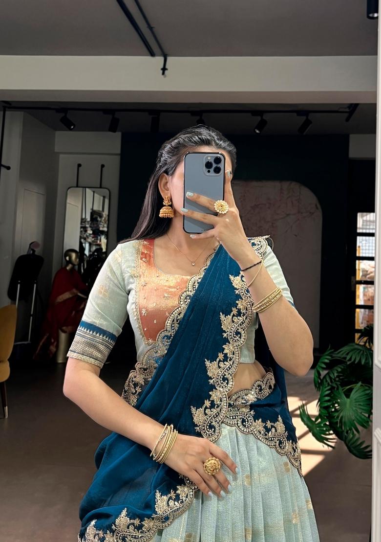 Sky Blue Zari Weaving Slub Kota Lehenga Set - Indya