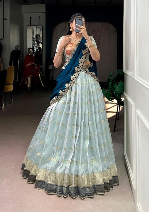 Sky Blue Zari Weaving Slub Kota Lehenga Set