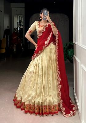Yellow Zari Weaving Slub Kota Lehenga Set