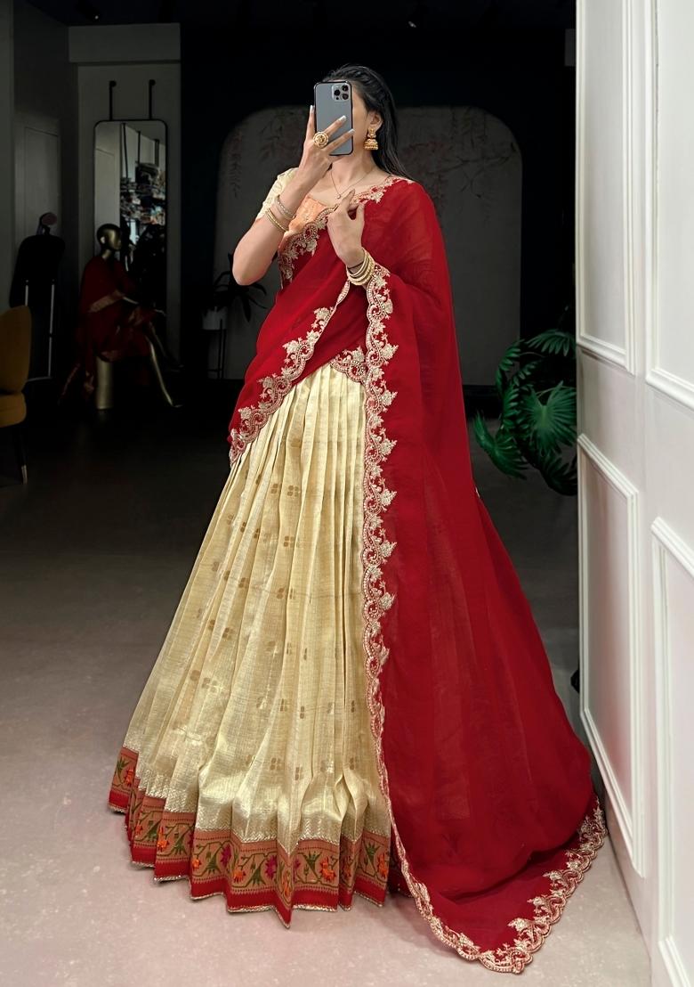 Yellow Zari Weaving Slub Kota Lehenga Set - Indya