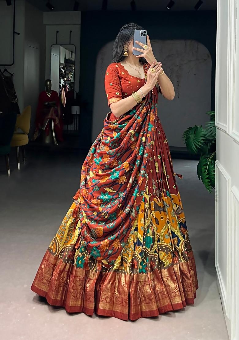 Rust Orange Printed Silk Lehenga Set - Indya