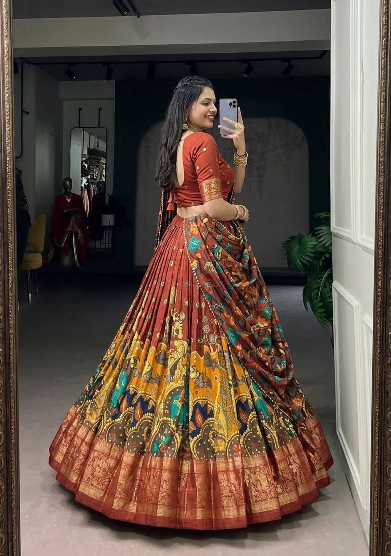 Rust Orange Printed Silk Lehenga Set - Indya