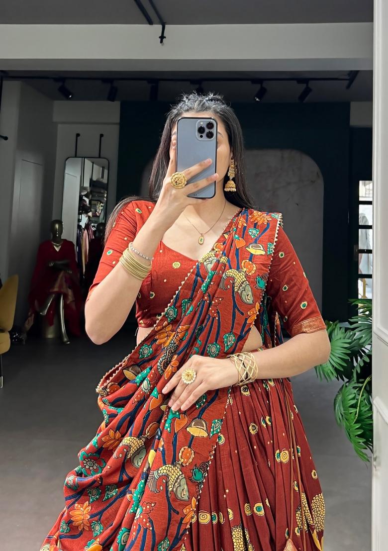 Rust Orange Printed Silk Lehenga Set - Indya