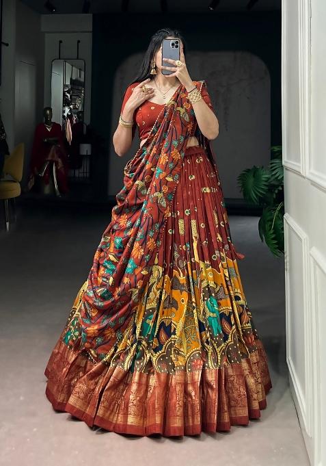 Rust Orange Printed Silk Lehenga Set