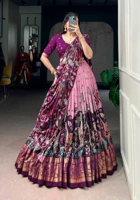 Light Pink Printed Silk Lehenga Set