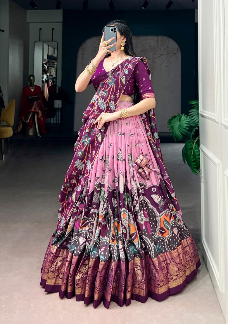 Light Pink Printed Silk Lehenga Set - Indya