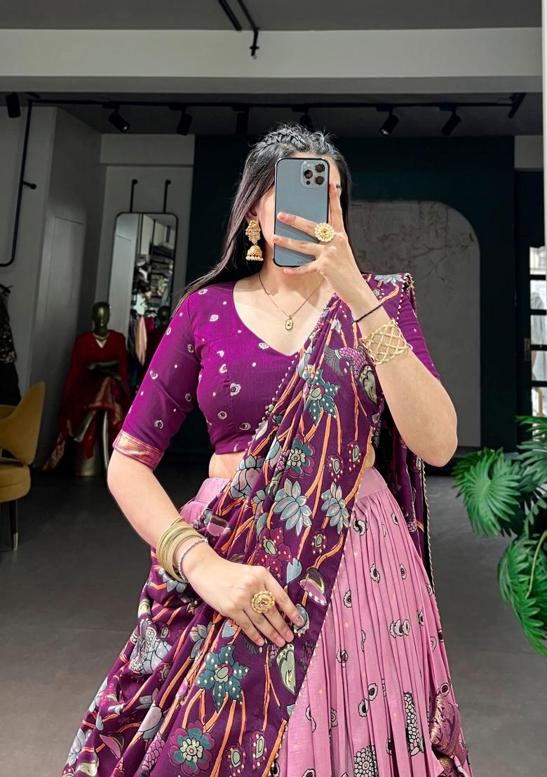 Light Pink Printed Silk Lehenga Set - Indya
