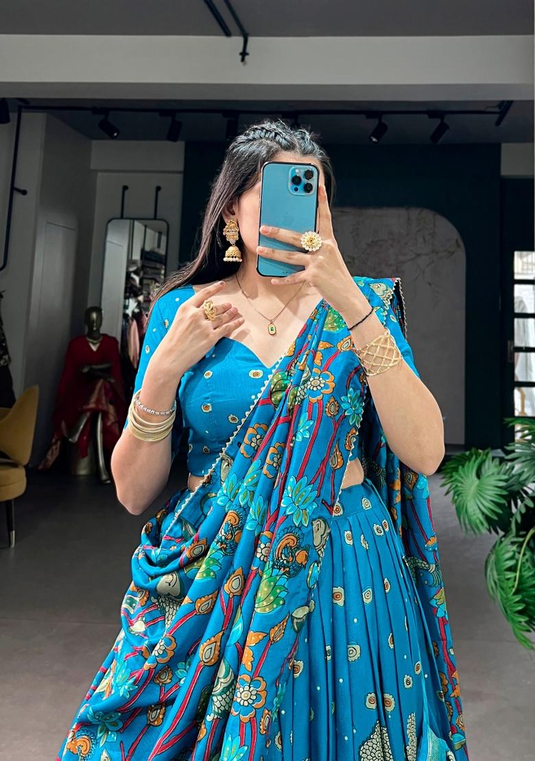 Firozi Printed Silk Lehenga Set - Indya