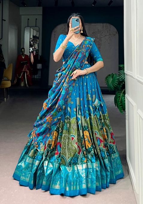 Firozi Printed Silk Lehenga Set