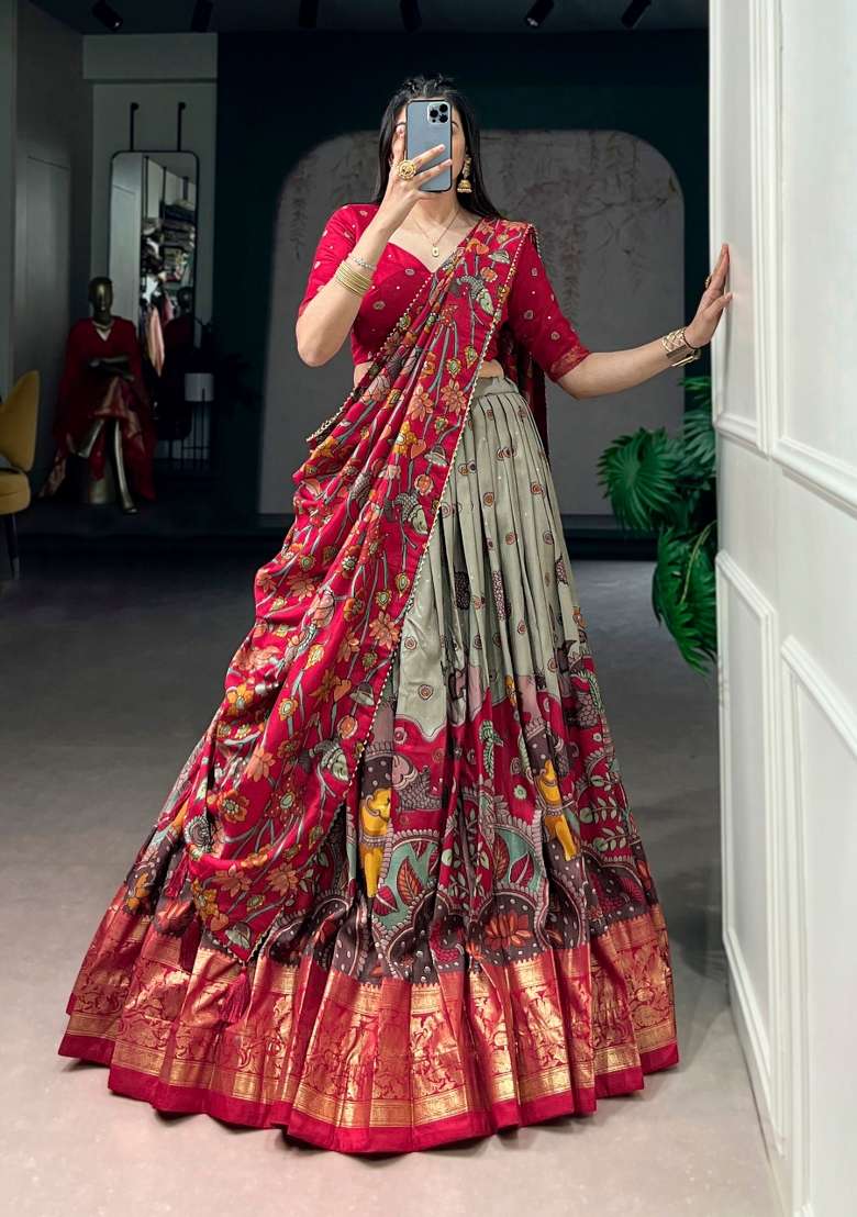 Sea Green Printed Silk Lehenga Set - Indya