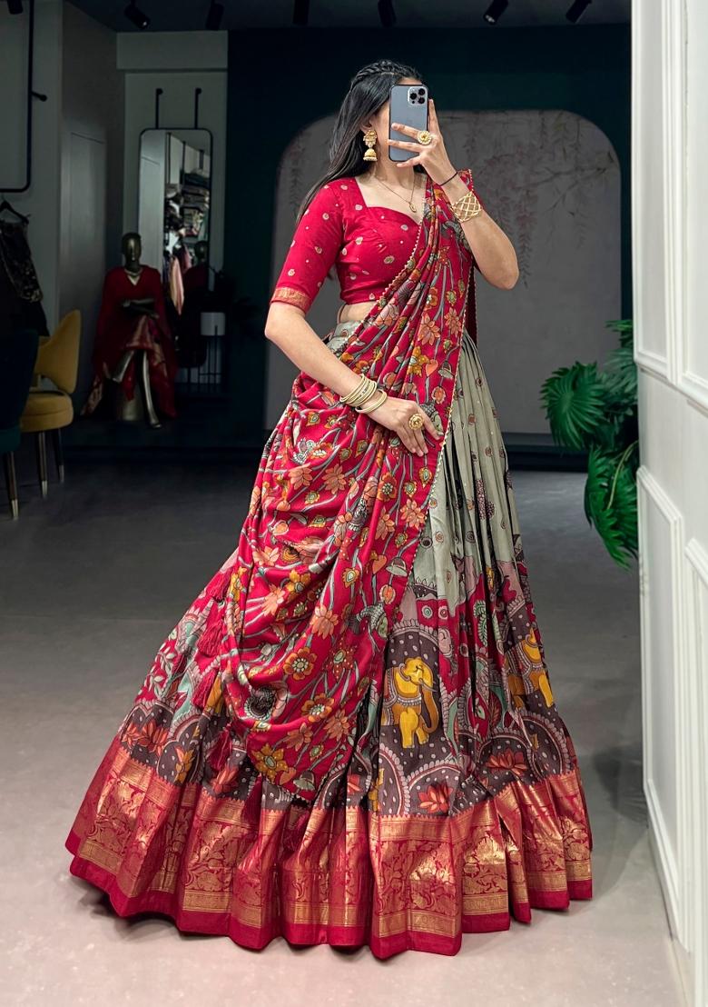 Sea Green Printed Silk Lehenga Set - Indya