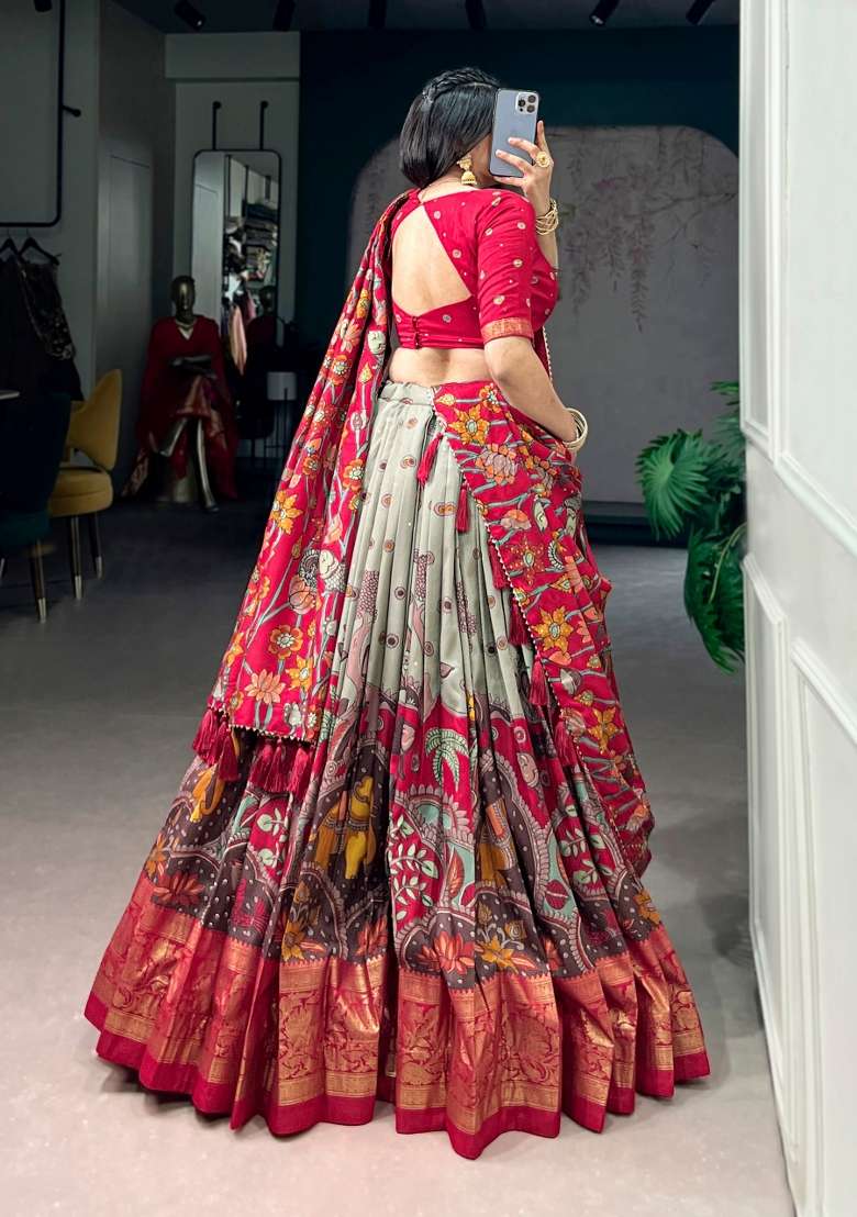 Sea Green Printed Silk Lehenga Set - Indya