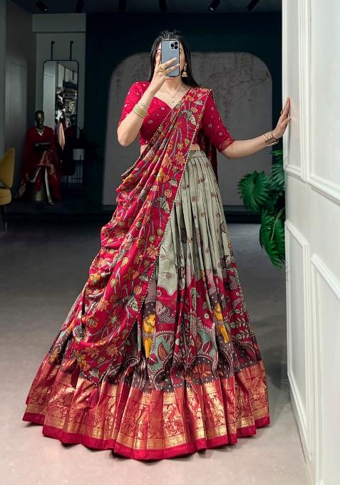 Sea Green Printed Silk Lehenga Set