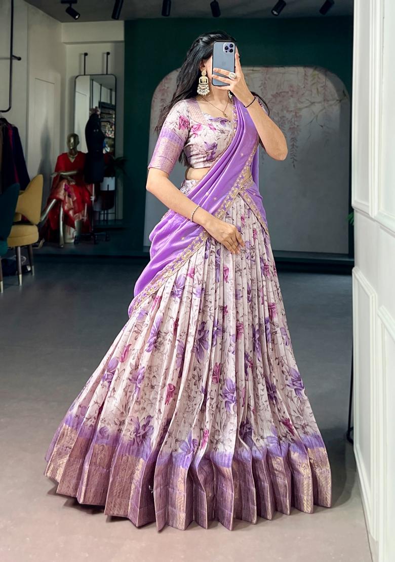 Purple Printed Dola Chex Lehenga Set - Indya