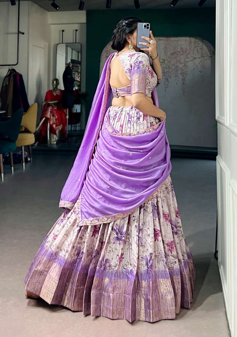 Purple Printed Dola Chex Lehenga Set - Indya