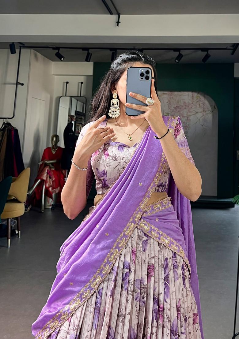 Purple Printed Dola Chex Lehenga Set - Indya