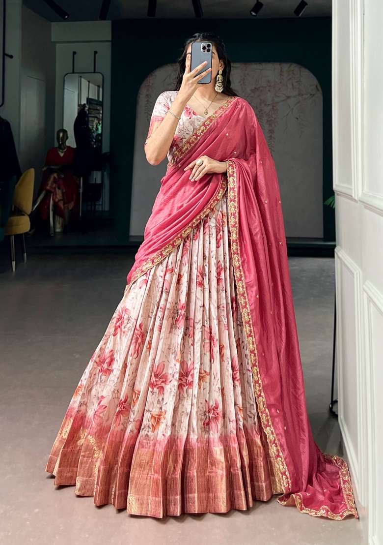 Red Printed Dola Chex Lehenga Set - Indya