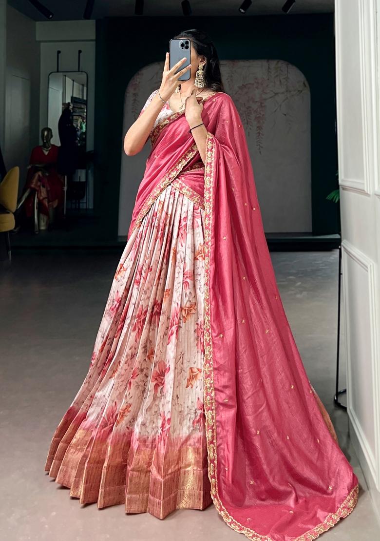 Red Printed Dola Chex Lehenga Set - Indya
